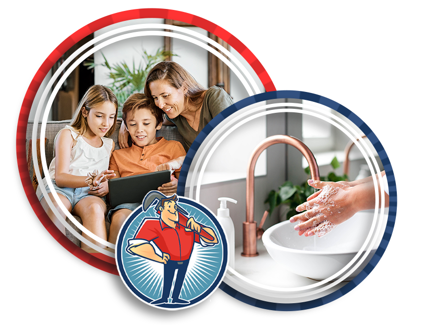 A mom and her daughter and son watching something on a tablet, the Kirkwood Plumbing logo, and hand washing in three different circles